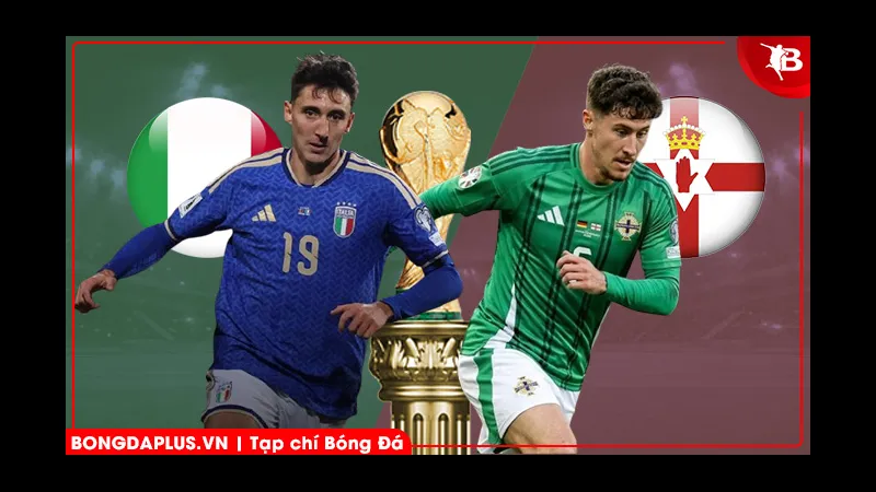 Cầu thủ Bắc Ireland nỗ lực tranh bóng trước cầu thủ đối phương.